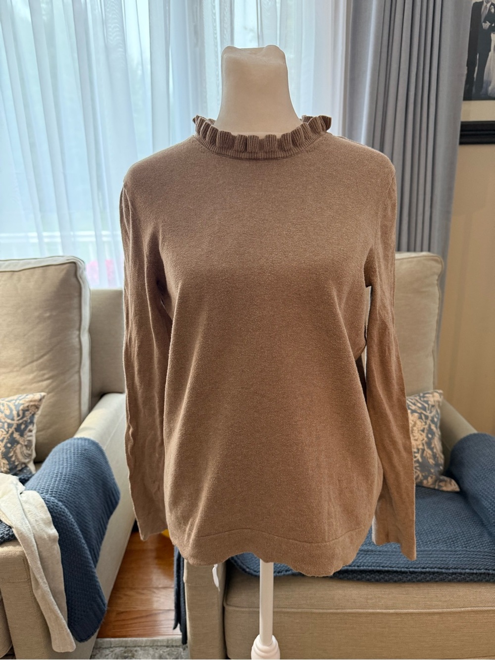 J. Crew Ruffle-Neck Crew Sweater in Warm Brown